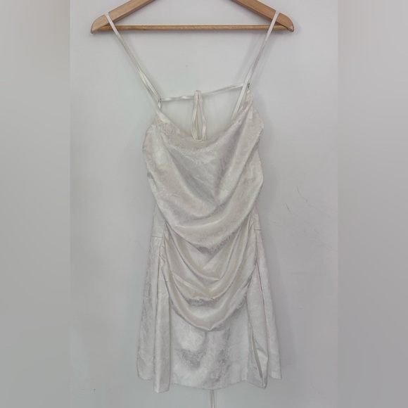 New Floral Jacquard Lace Up Backless Split Hem Satin Cami Dress White Elegant - Picture 4 of 7